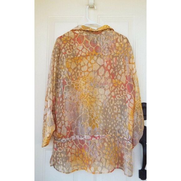 Lark Lane Orange Sheer Geometric Button Down Roll Tab Sleeve Shirt 12 - Picture 3 of 7